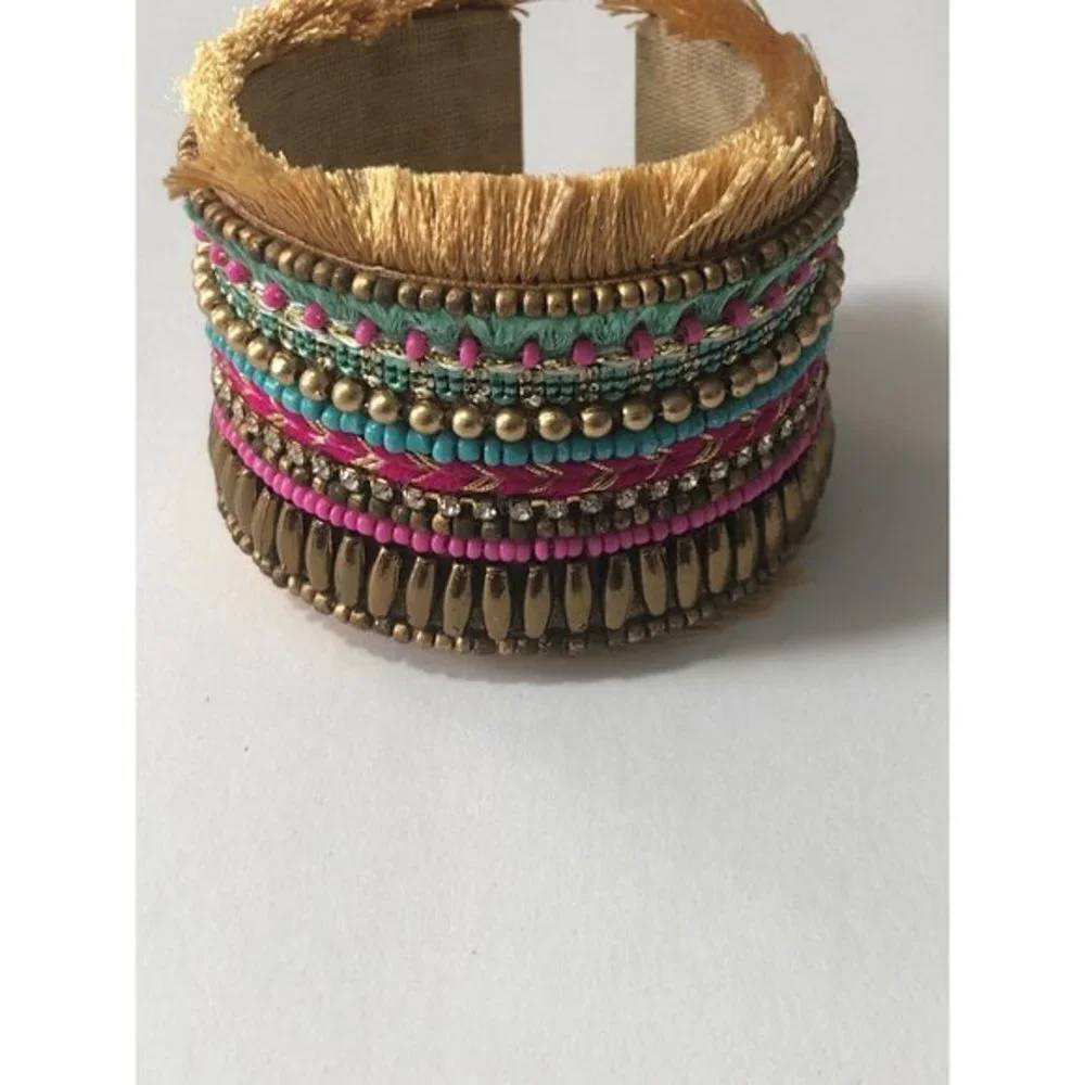 Artsy Cuff Bracelet‎ Women OS Gold Pink Teal Boho Fringe Statement India